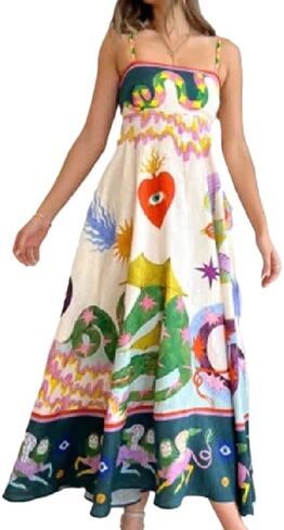 Obenie Women's Bohemian Floral Dress, Strapless Italian Spaghetti Strap Long Dress, Casual Beach Dress, Y2K Long Dress in Saudi Arabia