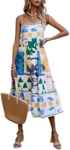 Obenie Women's Bohemian Floral Dress, Strapless Italian Spaghetti Strap Long Dress, Casual Beach Dress, Y2K Long Dress in Saudi Arabia