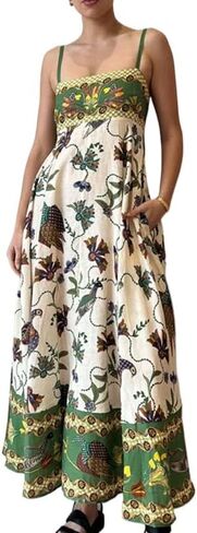 Obenie Women's Bohemian Floral Dress, Strapless Italian Spaghetti Strap Long Dress, Casual Beach Dress, Y2K Long Dress in Saudi Arabia