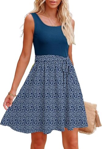 Dokotoo Summer Dresses for Women 2026 Casual Scoop Neck Sleeveless Floral Smocked Elastic Waist Mini Dress Sundress in Saudi Arabia