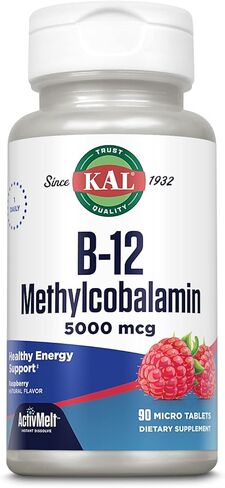 KAL Vitamin B12 Methylcobalamin 5000mcg, Healthy Energy, Metabolism, Nerve & Red Blood Cell Support,* Fast Dissolve ActivMelts, Optimal Absorption, Natural Raspberry Flavor, 90 Servings, 90 Micro Tabs in Saudi Arabia