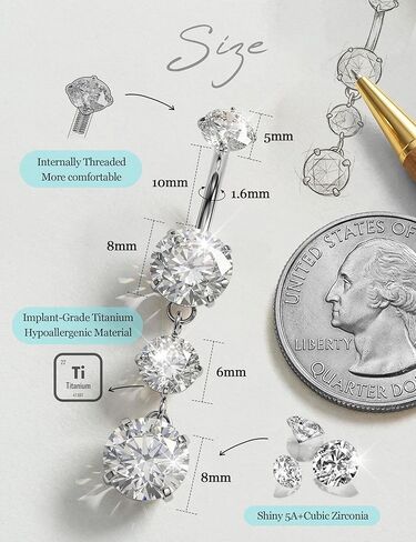 Tungary G23 خاتم زر البطن من التيتانيوم للنساء لا يسبب الحساسية 14G × 10 مم مجوهرات ثقب السرة الملولبة داخليًا 5A+ تشيكوسلوفاكيا المتلألئة تتوفر أنماط متعددة مطلية بالذهب عيار 14 قيراط وفضة تيتانيوم in Kuwait
