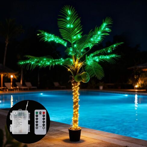 Daifunli 6Ft Lighted Palm Tree Outdoor Decoration Artificial Tropical Palm Tree 190 Led Lights with Glowing Coconuts for Patio Tiki Bar Deck 8 Modes Dimmable Timer Waterproof Outside Poolside in Saudi Arabia