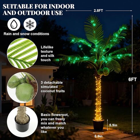 Daifunli 6Ft Lighted Palm Tree Outdoor Decoration Artificial Tropical Palm Tree 190 Led Lights with Glowing Coconuts for Patio Tiki Bar Deck 8 Modes Dimmable Timer Waterproof Outside Poolside in Saudi Arabia