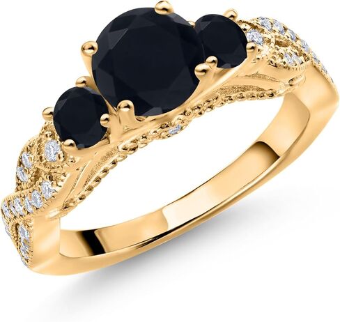 Gem Stone King 18K Yellow Gold Plated Silver Black Onyx and White Moissanite Engagement Ring For Women | 1.27 Cttw | Gemstone Birthstone | Round 6MM and 3MM | Wedding Anniversary Promise Ring in Saudi Arabia