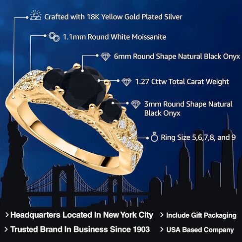 Gem Stone King 18K Yellow Gold Plated Silver Black Onyx and White Moissanite Engagement Ring For Women | 1.27 Cttw | Gemstone Birthstone | Round 6MM and 3MM | Wedding Anniversary Promise Ring in Saudi Arabia