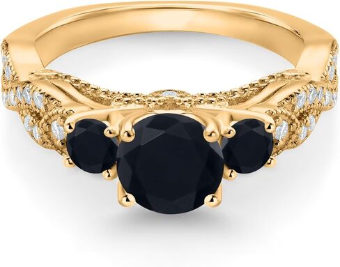 Gem Stone King 18K Yellow Gold Plated Silver Black Onyx and White Moissanite Engagement Ring For Women | 1.27 Cttw | Gemstone Birthstone | Round 6MM and 3MM | Wedding Anniversary Promise Ring in Saudi Arabia