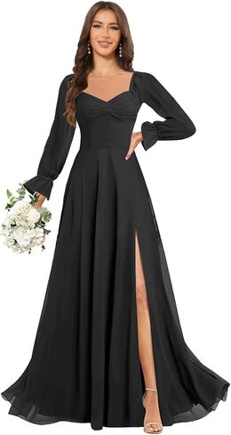 فساتين وصيفة العروس الخريفية بأكمام طويلة من PAVERJER للنساء من الشيفون فستان ماكسي رسمي مع فتحة مكشكشة لضيوف الزفاف in Kuwait