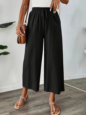 Women's Wide Leg Pants Dressy Casual Gaucho Pants Elastic Waist with Pockets in Saudi Arabia