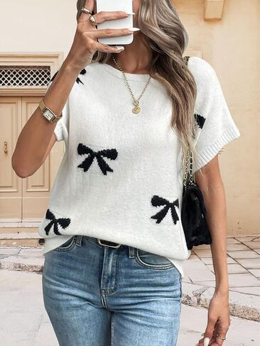Womens Short Sleeve Summer Lightweight Sweater Tops 2025 Trendy Bow Knit Pullover Sweaters Top in Saudi Arabia