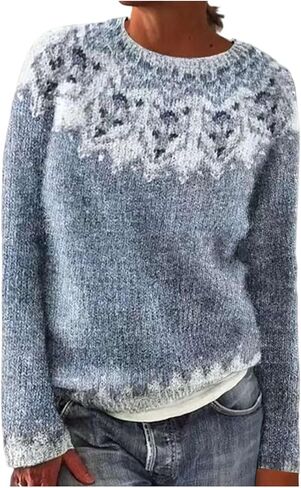 سترة صوفية كلاسيكية من Fall Fair Isle Snowflake سترة نسائية مريحة طويلة بلوفر ملابس خريف وشتاء in Kuwait