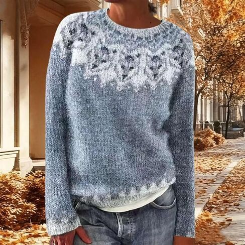 سترة صوفية كلاسيكية من Fall Fair Isle Snowflake سترة نسائية مريحة طويلة بلوفر ملابس خريف وشتاء in Kuwait