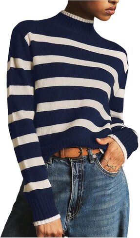 MakeMeChic Women's Striped Sweaters Mock Neck Long Sleeve Knitted Pullover Fall Winter Sweater in Saudi Arabia