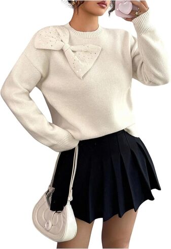 SOLY HUX Women's Sequin Bow Sweater Long Sleeve Tops Elegant Loose Pullovers Aesthetic Clothes in Saudi Arabia
