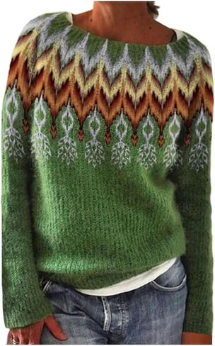 سترة صوفية كلاسيكية من Fall Fair Isle Snowflake سترة نسائية مريحة طويلة بلوفر ملابس خريف وشتاء in Kuwait