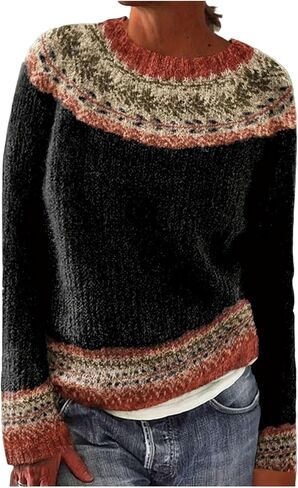 سترة صوفية كلاسيكية من Fall Fair Isle Snowflake سترة نسائية مريحة طويلة بلوفر ملابس خريف وشتاء in Kuwait