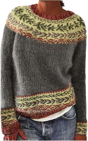 سترة صوفية كلاسيكية من Fall Fair Isle Snowflake سترة نسائية مريحة طويلة بلوفر ملابس خريف وشتاء in Kuwait