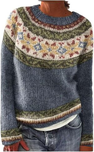 سترة صوفية كلاسيكية من Fall Fair Isle Snowflake سترة نسائية مريحة طويلة بلوفر ملابس خريف وشتاء in Kuwait