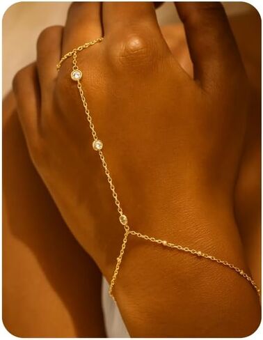 Waterproof Stainless Steel Gold Hand Chain Bracelet for Women – Dainty 14k Gold Ring Bracelet, Trendy Finger Ring Hand Chain, Cubic Zirconia Slave Cuff Jewelry, Fashion Accessories in Saudi Arabia
