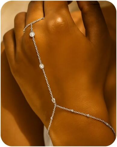 Waterproof Stainless Steel Gold Hand Chain Bracelet for Women – Dainty 14k Gold Ring Bracelet, Trendy Finger Ring Hand Chain, Cubic Zirconia Slave Cuff Jewelry, Fashion Accessories in Saudi Arabia