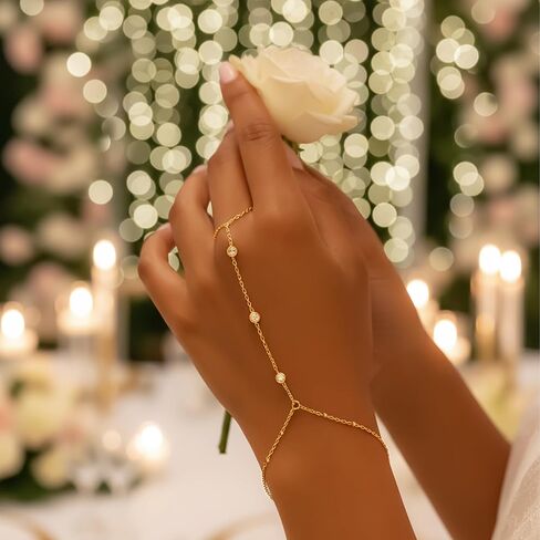 Waterproof Stainless Steel Gold Hand Chain Bracelet for Women – Dainty 14k Gold Ring Bracelet, Trendy Finger Ring Hand Chain, Cubic Zirconia Slave Cuff Jewelry, Fashion Accessories in Saudi Arabia