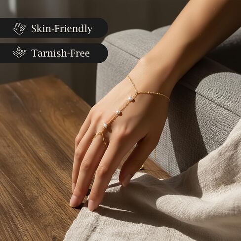 Waterproof Stainless Steel Gold Hand Chain Bracelet for Women – Dainty 14k Gold Ring Bracelet, Trendy Finger Ring Hand Chain, Cubic Zirconia Slave Cuff Jewelry, Fashion Accessories in Saudi Arabia