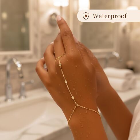 Waterproof Stainless Steel Gold Hand Chain Bracelet for Women – Dainty 14k Gold Ring Bracelet, Trendy Finger Ring Hand Chain, Cubic Zirconia Slave Cuff Jewelry, Fashion Accessories in Saudi Arabia