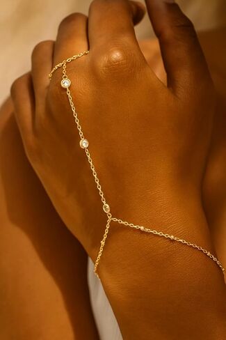 Waterproof Stainless Steel Gold Hand Chain Bracelet for Women – Dainty 14k Gold Ring Bracelet, Trendy Finger Ring Hand Chain, Cubic Zirconia Slave Cuff Jewelry, Fashion Accessories in Saudi Arabia