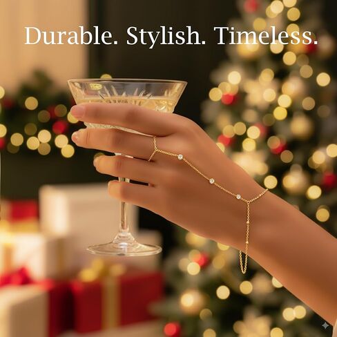 Waterproof Stainless Steel Gold Hand Chain Bracelet for Women – Dainty 14k Gold Ring Bracelet, Trendy Finger Ring Hand Chain, Cubic Zirconia Slave Cuff Jewelry, Fashion Accessories in Saudi Arabia