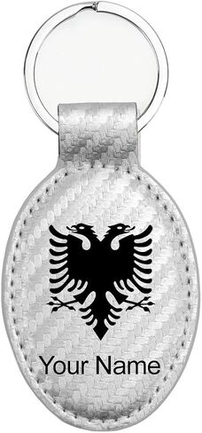 LaserGram Oval Keychain, Flag of Albania, Personalized Engraving Included in Saudi Arabia