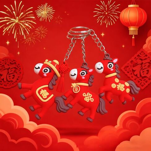 1x Cartoon Horse Keychain Fa Cai New Year Key Chain Bag Charms Keyring Pendant Ornament for Handbag, Car Keys, Purse Gift in Saudi Arabia
