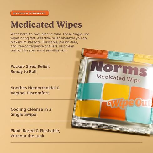 Norms Wipe Outs Hemorrhoid Wipes, 24 Individually Wrapped Witch Hazel Wipes with Aloe to Soothe and Cool Itching, Burning and Irritation, Flushable Septic Safe, Plant Based & Plastic-Free in Saudi Arabia