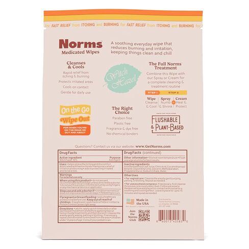 Norms Wipe Outs Hemorrhoid Wipes, 24 Individually Wrapped Witch Hazel Wipes with Aloe to Soothe and Cool Itching, Burning and Irritation, Flushable Septic Safe, Plant Based & Plastic-Free in Saudi Arabia