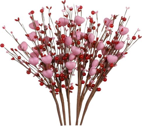 Lxdzsm Valentines Day Decorations - 6 Pack Artificial Pink Berry Stems with Red Hearts for Valentine’s Day Decor, Heart Tree Topper, Wedding, Anniversary Party - Valentines Decor, Heart Decorations in Saudi Arabia