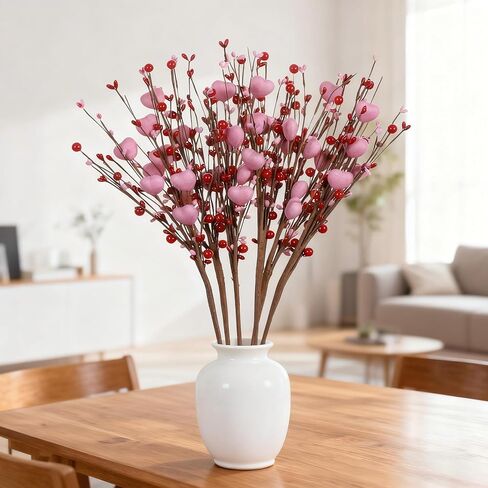 Lxdzsm Valentines Day Decorations - 6 Pack Artificial Pink Berry Stems with Red Hearts for Valentine’s Day Decor, Heart Tree Topper, Wedding, Anniversary Party - Valentines Decor, Heart Decorations in Saudi Arabia