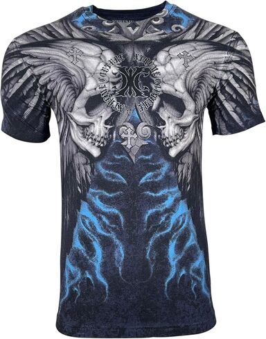 Xtreme Couture by Affliction Gothic Cross T-Shirt Silent Scream, Navy Blue and Gray, Skull Wing Design, Lightning Effect in Saudi Arabia
