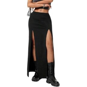 SHIHATSUSR Women's Black Goth Long Skirts Side Slit High Waisted Maxi Skirt Stretchy Causal Bodycon Rave Night Club Skirts in Saudi Arabia