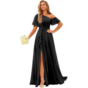 MLRLBFD One Shoulder Bridesmaid Dresses Long for Women Chiffon A Line Formal Evening Dresses with Pockets in Saudi Arabia