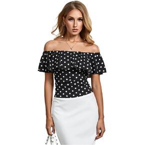 WDIRARA Women's Stretchy Off Shoulder Flounce Sleeve Sexy Slim Blouse Tops Shirt in Saudi Arabia