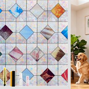 فيلم الخصوصية للنافذة من LEMON CLOUD، ملصقات ثابتة مزخرفة من الزجاج الملون، غطاء فينيل قابل للإزالة، غشاء نافذة هندسي ملون بألوان قوس قزح مع أدوات لديكور أبواب المنزل (سهل التركيب، 17.5 بوصة × 78.7 بوصة) in Kuwait