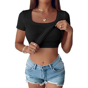 ANRABESS Womens Short Sleeve Tops Built in Bra Summer T Shirts Scoop Neck Ribbed Knit Fitted Basic Tee Casual Going Out Top in Kuwait