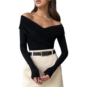Sexy Off The Shoulder Tops for Women Trendy Cross V Neck Long Sleeve T Shirts Casual Slim Fit Going Out Top in Saudi Arabia
