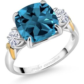 Gem Stone King Customized Personalized Engraved 3-Stone Ring For Women | 925 Sterling Silver and 10K Yellow Gold | 10MM Cushion Cut and 4MM Round Gemstone Birthstone | Available In Size 5, 6, 7, 8, 9 in Saudi Arabia