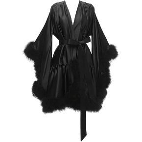 Women's Feather Fur Robe Silk Satin Bridal Dressing Gown Short Lingerie Nightgown Bathrobe Sleepwear Maternity Robe in Saudi Arabia
