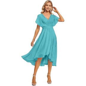 فساتين وصيفة العروس قصيرة من SNOWROSE للنساء برقبة على شكل V فستان رسمي من الشيفون مكشكش وأكمام مكشكشة لحفلات الزفاف in Kuwait