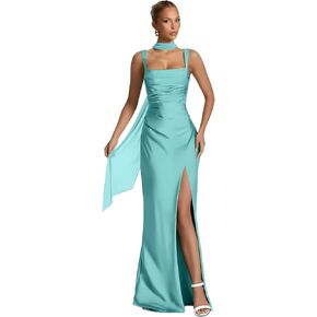 Aevomsyn Silk Satin Bridesmaid Dresses with Scarf Corset Formal Dress Long Mermaid High Slit Prom Dress in Saudi Arabia