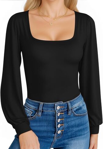 MANGOPOP Square Neck Puff Sleeve Bodysuit Loose Lantern Long Sleeve Body Suit for Women for Going Out in Saudi Arabia
