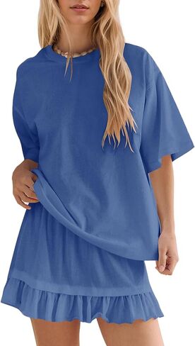 OLAPTA Women 2 Piece Summer Outfits Short Sleeve Crewneck Tee Tops and Tiered Ruffle Mini Skirts Casual Vacation Skirt Sets in Kuwait