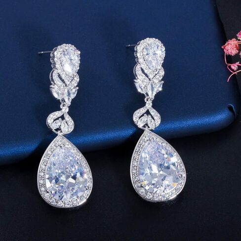 CWWZircons Cubic Zirconia Long Big Teardrop Dangle Bridal Wedding Earrings for Women Brides in Saudi Arabia