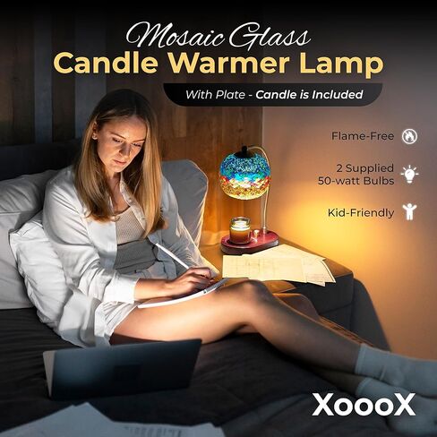 XoooX Mosaic Glass Candle Warmer Lamp with Plate - Stained-Glass Style Light on Walls, Ceiling; Cozy Home Decor Aesthetic - Office Desk, Entry Table, Kitchen Counter and Bedroom Nightstand Art Décor in Saudi Arabia